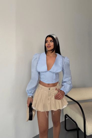 CROP POPLİN GÖMLEK YAKA KENAR DANTEL DETAYLI - Bebe Mavi resmi